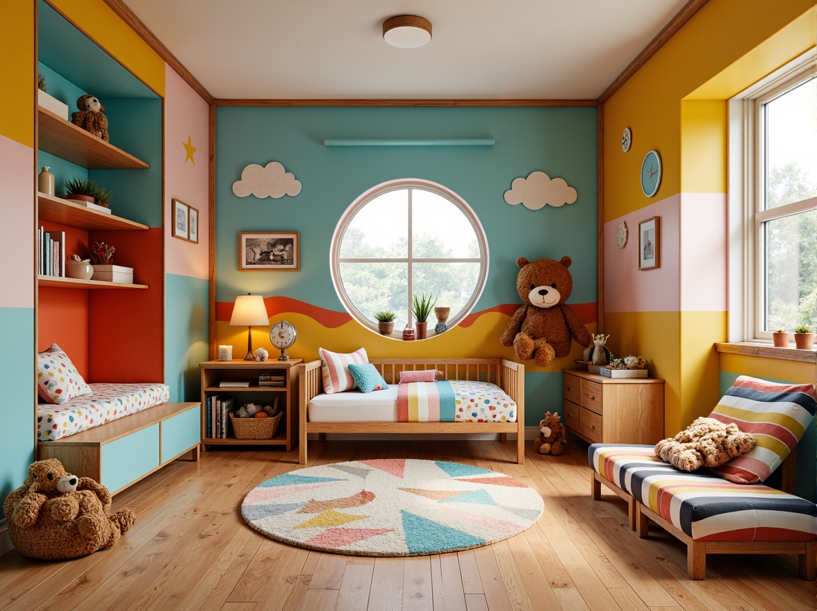 Prompt: Vibrant kids' room, playful atmosphere, whimsical furniture, bright color schemes, irregular shapes, eclectic decor, wooden flooring, warm beige tones, soft plush carpets, funky geometric patterns, bold stripes, fun polka dots, natural jute rugs, eco-friendly materials, cork tiles, sound-absorbing acoustic panels, cozy reading nooks, built-in shelving units, oversized stuffed animals, fairy lights, fantastical murals, dreamy cloud-shaped decorations.