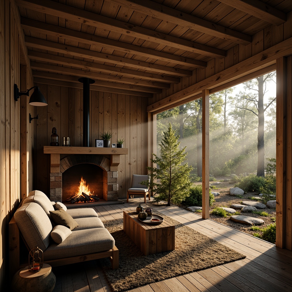 Prompt: Rustic wooden cabin, earthy tones, warm beige walls, distressed wood textures, vintage metal accents, soft candlelight, cozy fireplace, plush throw blankets, natural stone floors, moss-covered pathways, forest surroundings, misty morning fog, warm golden lighting, shallow depth of field, 2/3 composition, realistic wear and tear, ambient occlusion.