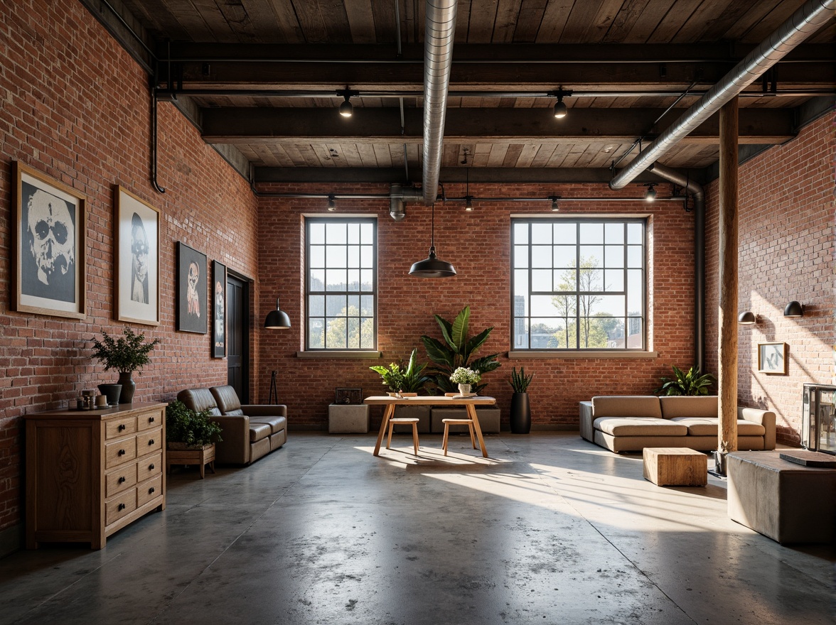 Prompt: Exposed brick walls, rough concrete floors, metal beams, industrial pipes, reclaimed wood accents, minimalist decor, functional lighting, urban loft atmosphere, distressed finishes, raw materials, brutalist architecture, open spaces, high ceilings, natural ventilation, abundant daylight, soft warm light, shallow depth of field, 3/4 composition, realistic textures, ambient occlusion.