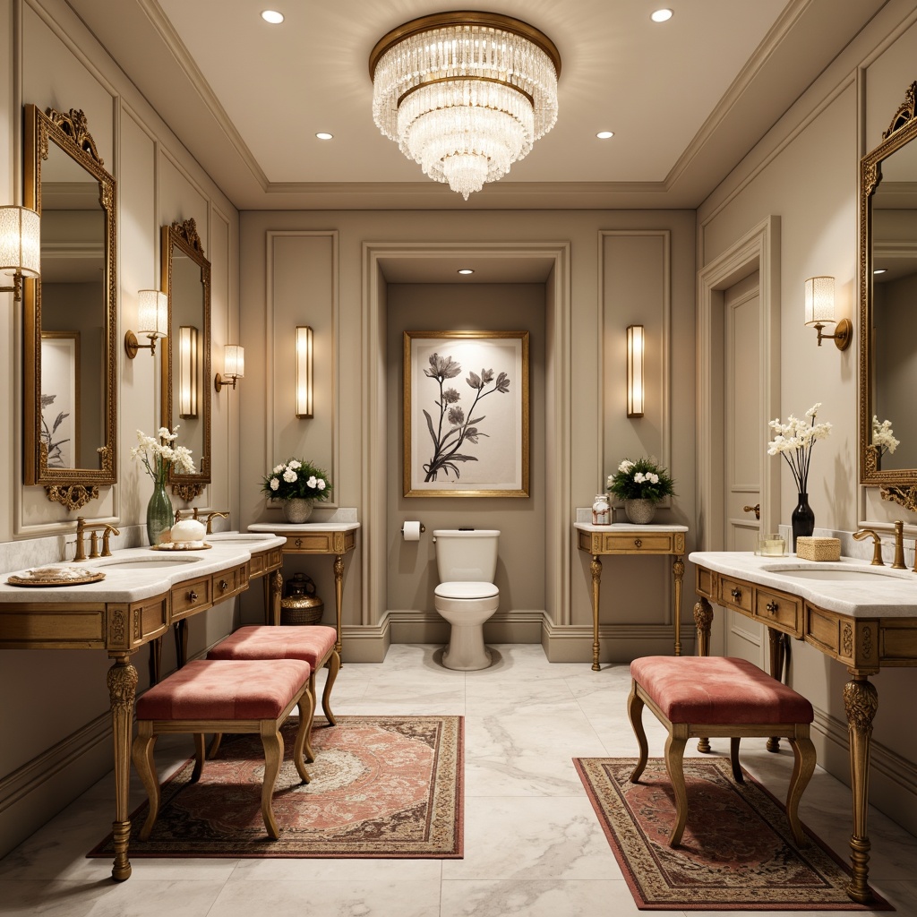 Prompt: Luxurious powder room, ornate mirrors, elegant vanity tables, plush stools, soft velvet upholstery, gold accents, marble countertops, crystal chandeliers, warm ambient lighting, gentle color palette, feminine decor, delicate floral patterns, refined cabinetry, wall-mounted faucets, sleek toilet designs, spa-inspired ambiance, calming atmosphere, natural stone flooring, decorative area rugs, subtle scents, indulgent pampering space.