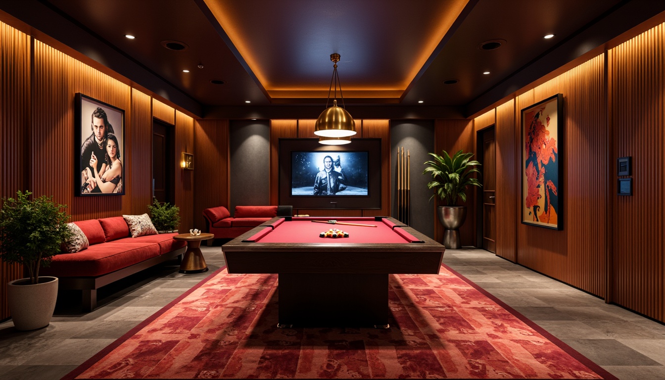 Prompt: Luxurious game room, rich wood paneling, sleek metallic accents, ambient LED lighting, plush velvet fabrics, bold geometric patterns, statement artwork, sophisticated color schemes, 3D textured walls, modern minimalist design, abstract shapes, subtle gradient effects, dramatic spotlighting, cinematic atmosphere, realistic rendering, high-contrast ratios.