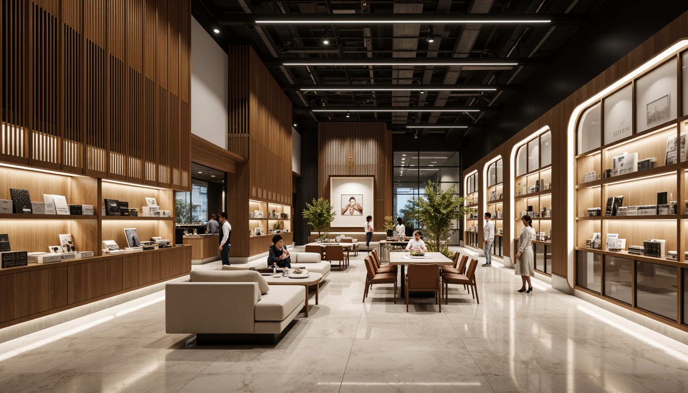 Prompt: Luxurious retail interior, high-end finishes, sleek metal shelves, LED lighting, polished marble floors, minimalist decor, spacious aisles, curved display cases, interactive product displays, comfortable seating areas, ambient music, soft warm lighting, shallow depth of field, 3/4 composition, realistic textures, ambient occlusion.