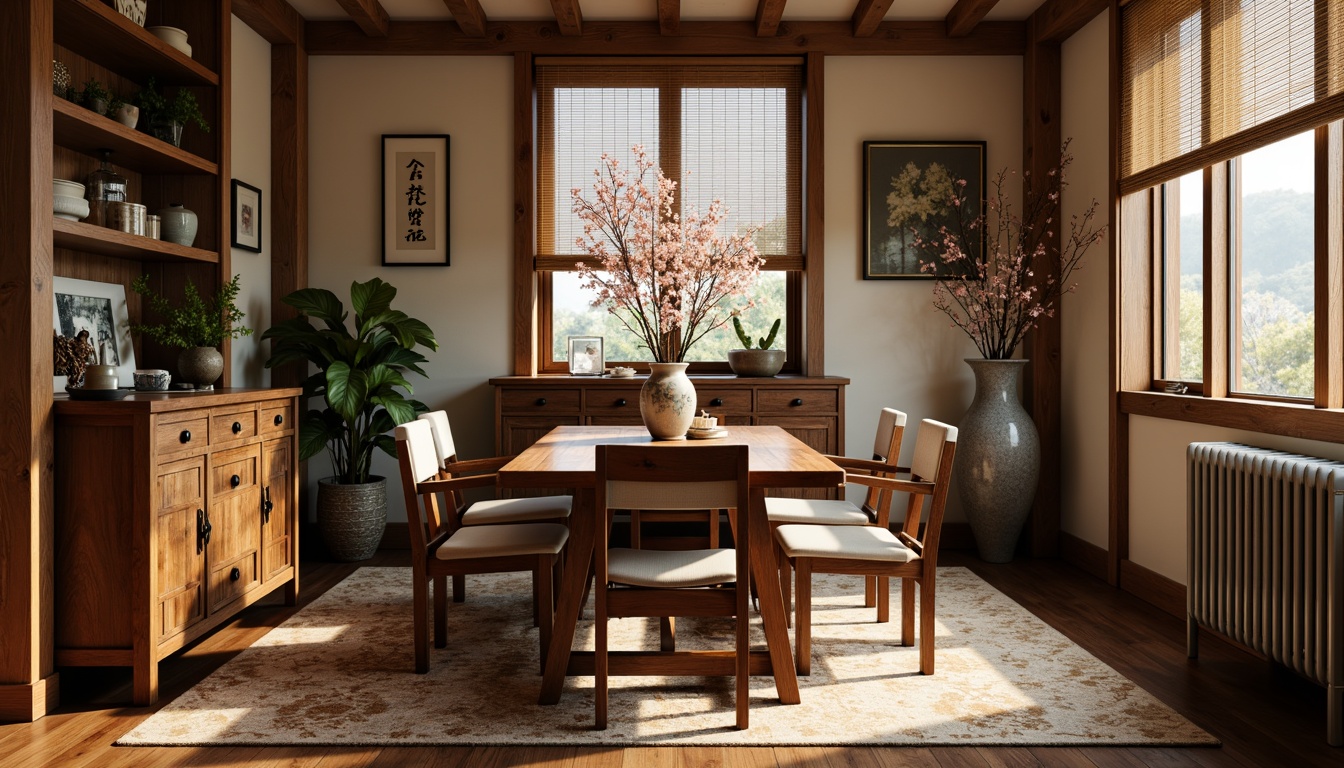 Prompt: Rustic wooden table, traditional Chinese chairs, intricately carved wooden cabinets, woven bamboo blinds, natural fiber rugs, warm earthy tones, subtle Asian-inspired patterns, vintage ceramic vases, delicate cherry blossom branches, soft morning light, cozy intimate atmosphere, shallow depth of field, 1/1 composition, realistic textures, ambient occlusion.