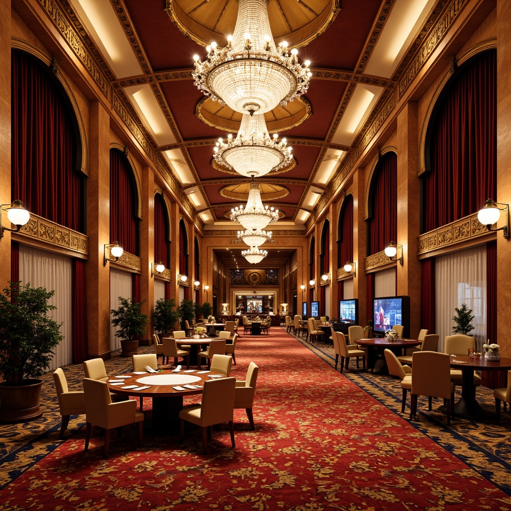 Prompt: Luxurious casino interior, ornate chandeliers, rich wood tones, velvet drapes, intricate moldings, gilded accents, plush carpets, crystal drop lights, majestic columns, grand staircases, opulent furnishings, vibrant color scheme, bold patterns, lavish decorations, dramatic ceiling heights, curved architectural lines, sophisticated ambiance, warm golden lighting, 1/1 composition, shallow depth of field, realistic textures.