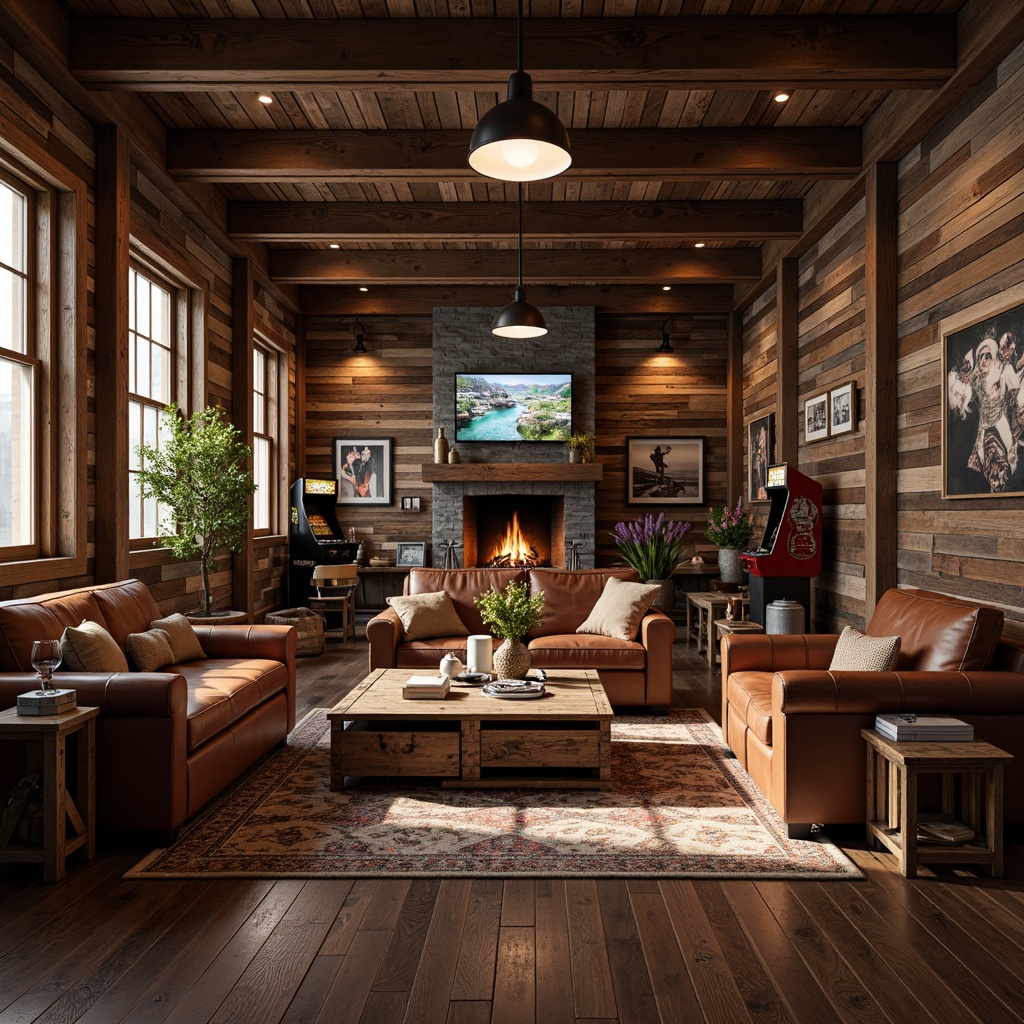 Prompt: Rustic game room, reclaimed wood accent walls, distressed leather sofas, vintage arcade machines, neon signs, industrial metal lighting, wooden crate coffee tables, plush area rugs, natural stone fireplaces, earthy tone color scheme, cozy atmosphere, warm ambient lighting, shallow depth of field, 1/1 composition, realistic textures, subtle grain effects.