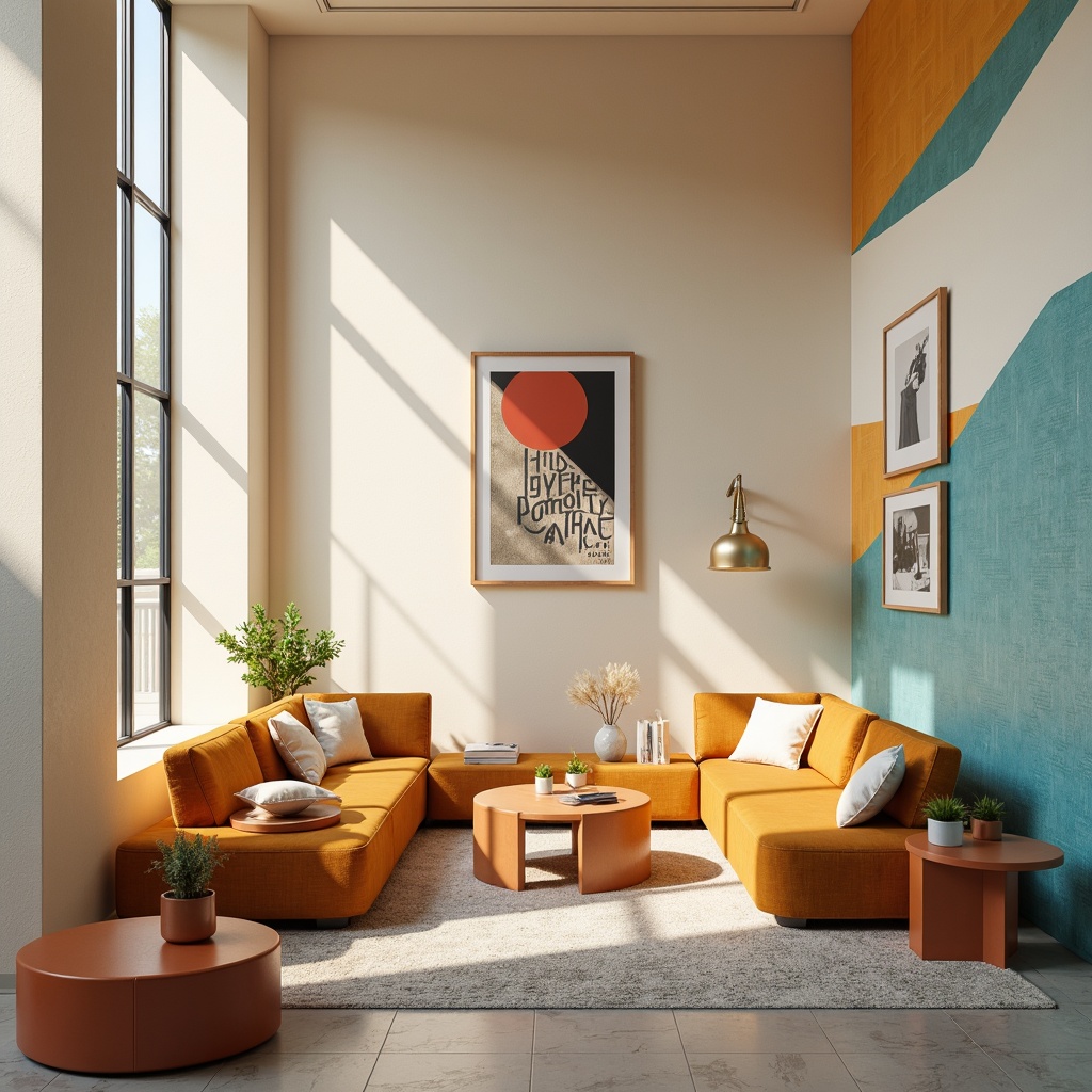 Prompt: Vibrant modern interior, sleek minimalist furniture, bold accent walls, pastel color schemes, soft natural light, creamy whites, rich wood tones, metallic accents, subtle texture contrasts, atmospheric mood lighting, warm beige backgrounds, deep blue undertones, elegant typography, 2/3 composition, shallow depth of field.