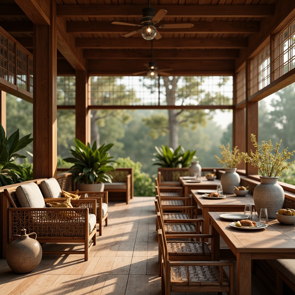 Prompt: Traditional Asian-inspired breakfast nook, warm wood tones, natural materials, woven bamboo chairs, intricately carved wooden tables, delicate porcelain vases, lush greenery, soft warm lighting, shallow depth of field, 3/4 composition, realistic textures, ambient occlusion, ornate silk fabrics, subtle geometric patterns, minimal ornamentation, earthy color palette, tranquil atmosphere.