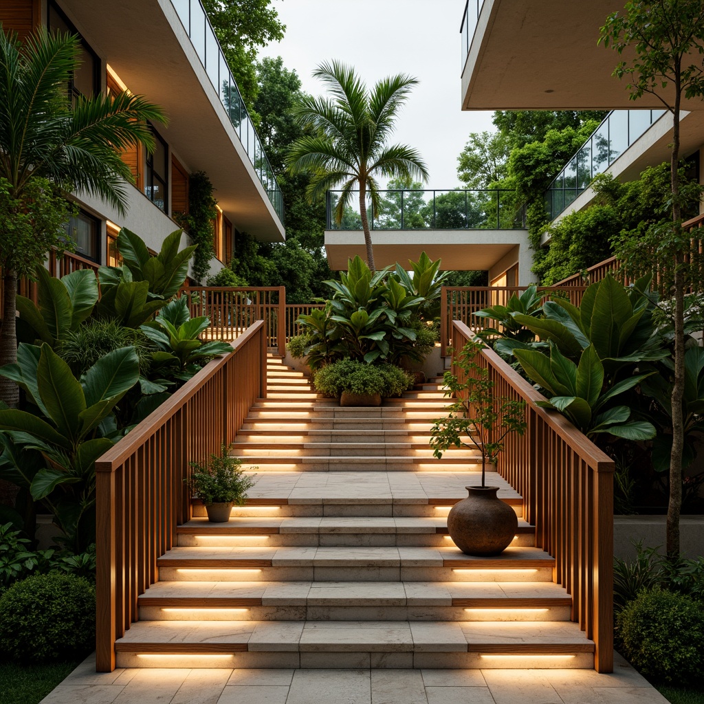 Prompt: Tropical staircase, lush greenery, exotic flowers, warm wooden handrails, natural stone steps, glass balustrades, modern minimalist design, soft warm lighting, warm white tones, subtle shadows, indirect illumination, LED strip lights, concealed light sources, ambient occlusion, realistic textures, shallow depth of field, 3/4 composition, panoramic view.Please let me know if this meets your expectations!