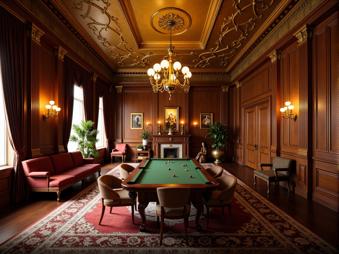 Prompt: Elegant game room, ornate chandeliers, warm golden lighting, rich wood paneling, intricate moldings, luxurious fabrics, neoclassical architecture, grandiose columns, high ceilings, refined furniture, subtle shadowing, softbox lighting, cinematic ambiance, 1/1 composition, dramatic highlights, realistic reflections, ambient occlusion.