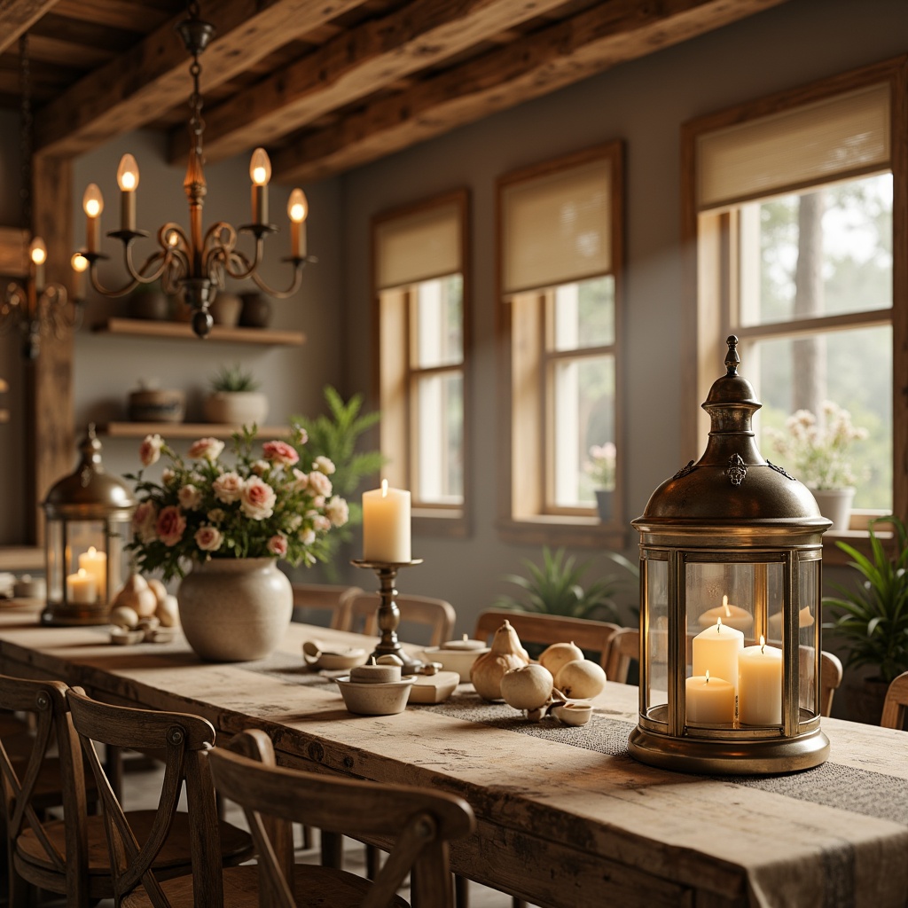 Prompt: Soft warm glow, distressed finishes, vintage metal lanterns, ornate chandeliers, creamy white candles, frosted glass pendant lights, rustic wooden beams, natural linen shades, gentle spotlighting, warm beige tones, soft pastel hues, delicate lace patterns, distressed wood furniture, antique decorative items, floral arrangements, romantic ambiance, cozy atmosphere, intimate setting, 1/1 composition, shallow depth of field, realistic textures, ambient occlusion.