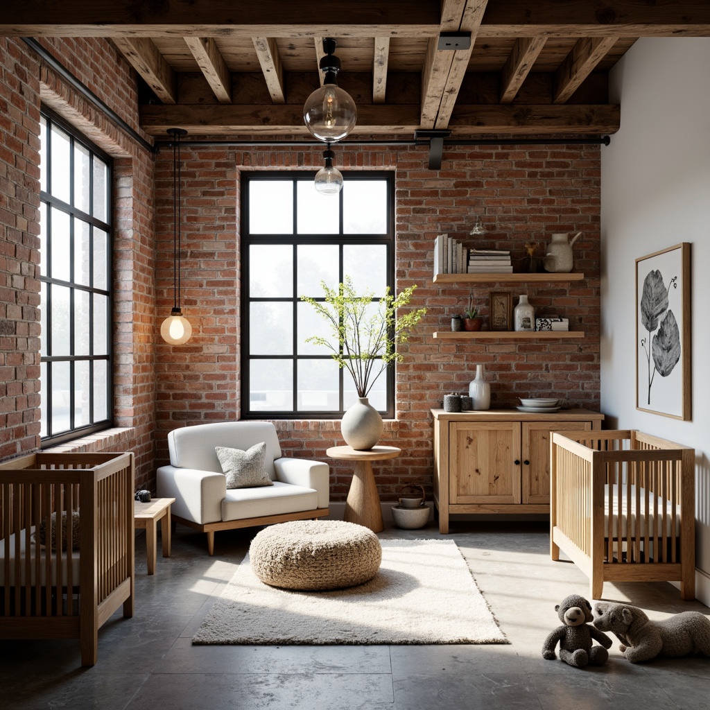 Prompt: Industrial baby nursery, exposed brick walls, metal beams, reclaimed wood accents, soft warm lighting, pendant lamps, Edison bulbs, modern industrial furniture, minimal decor, neutral color palette, cozy textiles, plush toys, safety gates, baby monitors, natural stone floors, large windows, diffused sunlight, indirect lighting, subtle shadows, 1/2 composition, realistic textures.