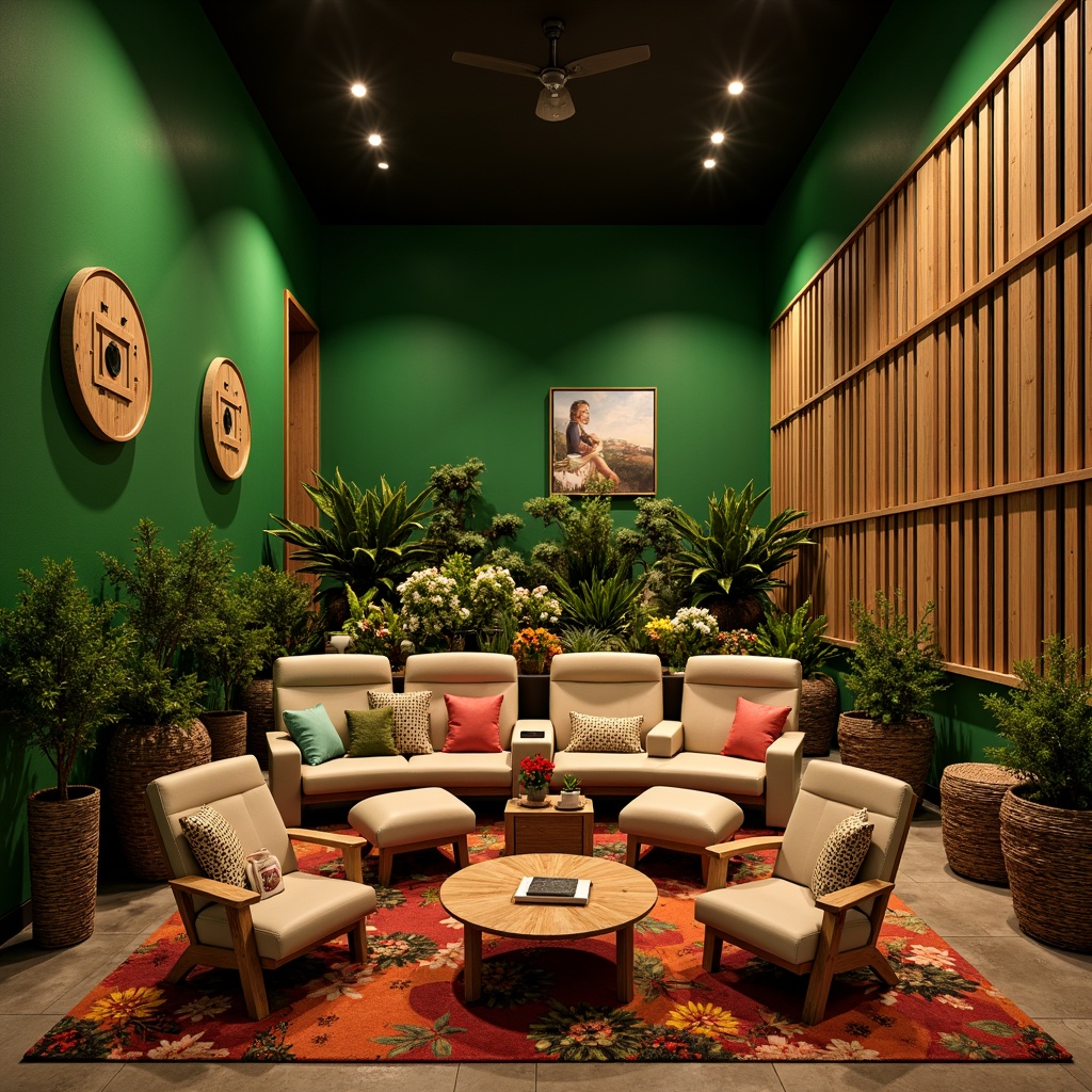 Prompt: Tropical cinema interior, lush green walls, reclaimed wood accents, vibrant colorful textiles, plush cushioned seats, ergonomic design, optimal legroom, adjustable armrests, cup holders, soft ambient lighting, warm beige tones, natural woven fibers, rattan furniture, potted plants, exotic flower arrangements, gentle breeze simulation, realistic sound effects, immersive cinematic experience, 1/1 composition, shallow depth of field, soft focus background, cinematic camera angles.