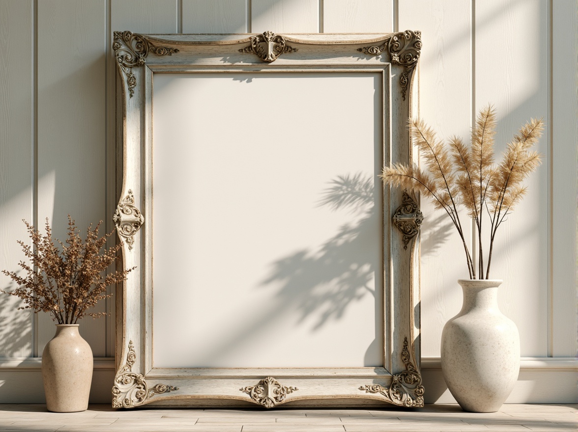 Prompt: Soft, distressed finishes, vintage ornate frames, pastel hues, warm beige tones, creamy whites, pale pinks, baby blues, mossy greens, weathered wood textures, floral patterns, lace details, subtle gold accents, rustic metal hardware, natural linen fabrics, sunny afternoon light, shallow depth of field, 1/1 composition, realistic textures, ambient occlusion.