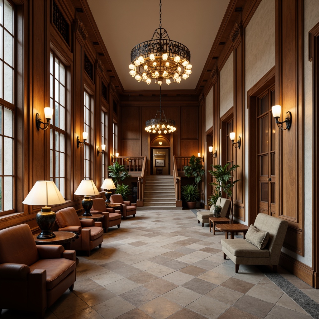 Prompt: Elegant university hallway, ornate wooden paneling, rich wood tones, sophisticated chandeliers, refined sconces, warm soft lighting, cozy reading nooks, comfortable leather armchairs, rustic stone walls, classic architectural details, subtle color palette, dramatic ceiling heights, grand staircases, intricate moldings, luxurious fabrics, ambient floor lamps, table lamps with ornate metalwork, warm beige tones, creamy whites, rich wood accents, subtle shadows, 1/2 composition, shallow depth of field, realistic textures.