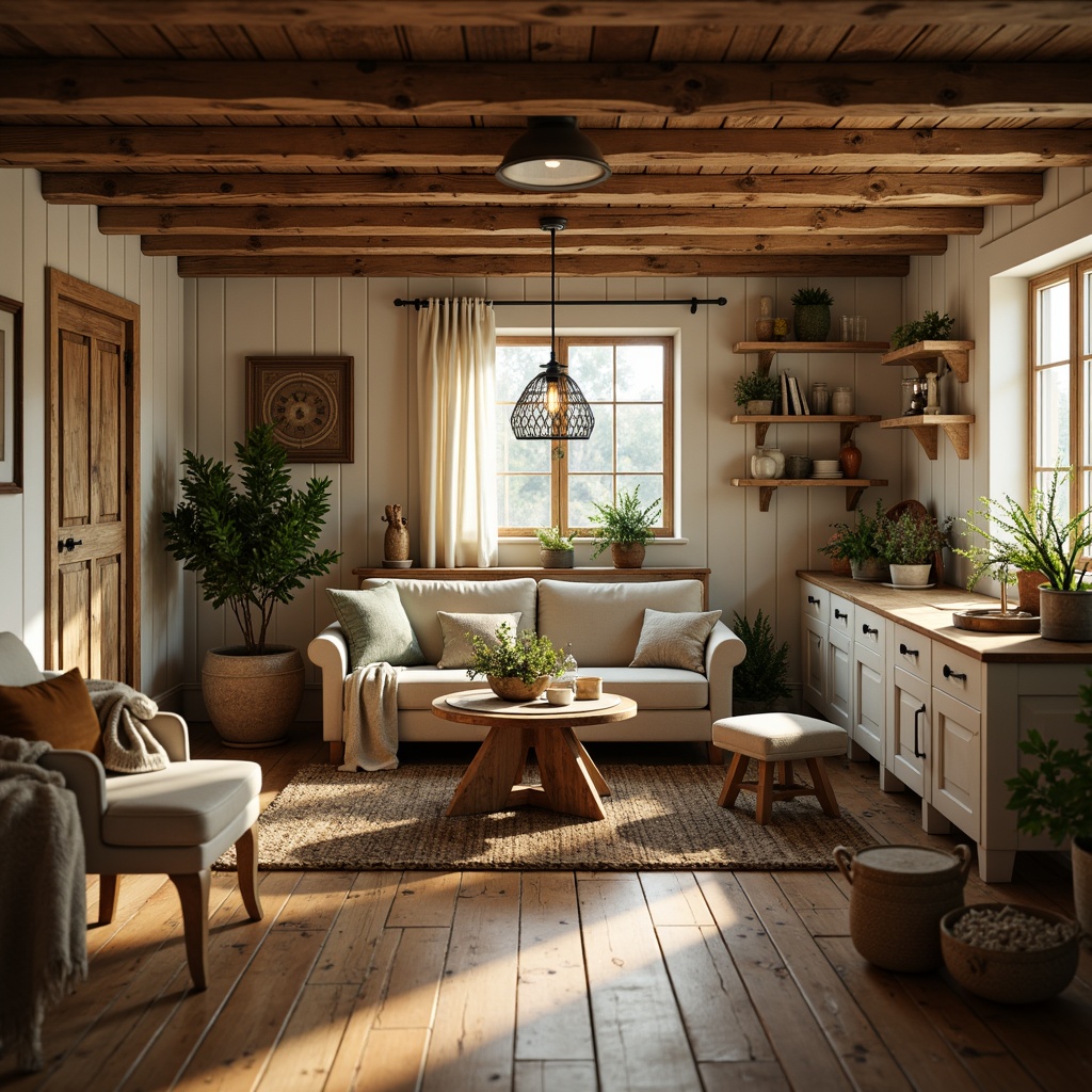 Prompt: Rustic farmhouse interior, warm earthy tones, distressed wood accents, vintage metal decor, soft creamy whites, muted sage greens, weathered brick reds, natural linen textures, cozy candlelight, shallow depth of field, 1/1 composition, warm golden lighting, realistic wood grain, ambient occlusion.