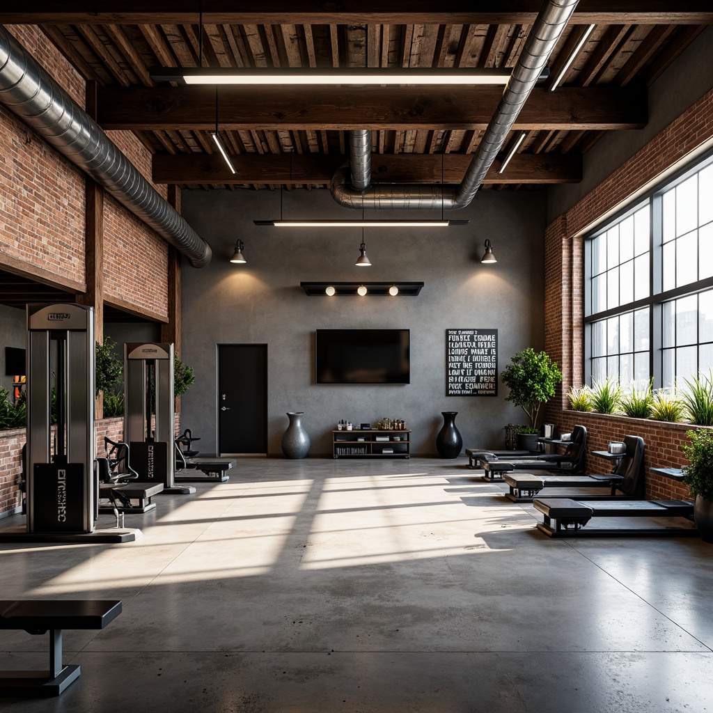 Prompt: Modern home gym, industrial-chic aesthetic, exposed brick walls, polished concrete floors, metallic accents, sleek fitness equipment, motivational quotes, natural light pouring in, large windows, urban loft-style architecture, reclaimed wood features, edgy lighting fixtures, bold color schemes, textured wall finishes, abstract art pieces, inspirational decor, state-of-the-art sound systems, high-contrast photography, dramatic shadows, 2/3 composition, cinematic mood, realistic reflections.