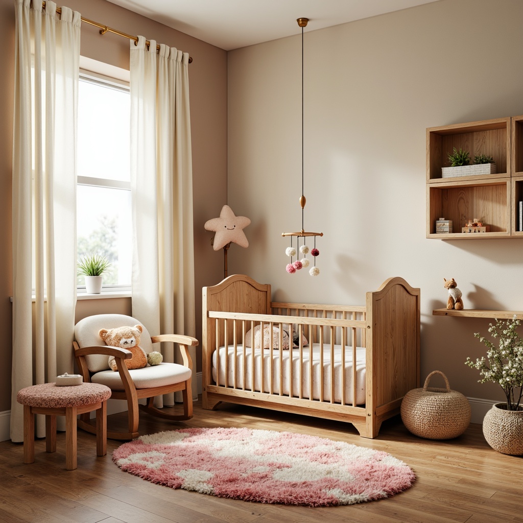 Prompt: Whimsical nursery, soft pastel colors, delicate florals, plush toys, crib with intricately carved wooden posts, gentle cream-colored curtains, warm beige walls, richly textured area rug, modern rocking chair, vibrant ottoman, natural wood shelving, adorable baby blocks, sweet music mobile, tender lighting fixtures, shallow depth of field, 1/2 composition, intimate close-up shot, realistic textures, ambient occlusion.