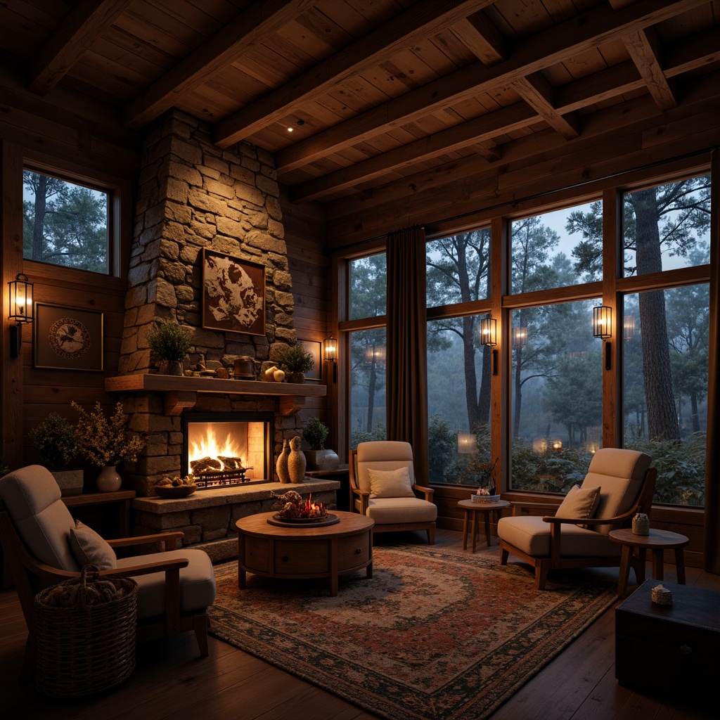 Prompt: Rustic cabin, wooden beams, stone fireplace, dim warm lighting, soft candlelight, lanterns, pendant lights, natural textiles, earthy tones, wooden furniture, vintage decor, cozy atmosphere, autumn evening, misty forest surroundings, foggy windows, subtle shadows, low-key illumination, 1/1 composition, intimate framing, warm color grading, realistic wood textures.