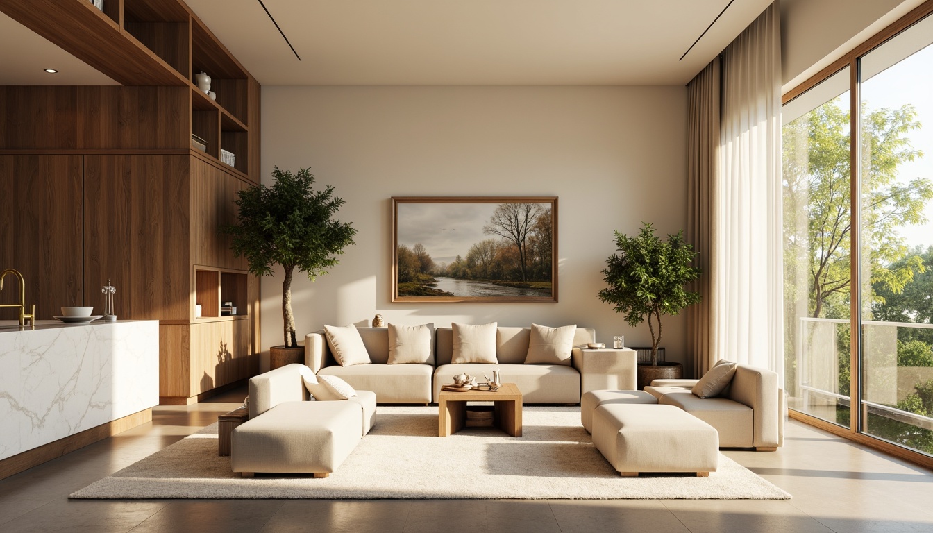 Prompt: Calming living room, soft cream walls, warm beige furniture, rich walnut wood accents, plush velvet upholstery, golden metal fixtures, creamy white marble countertops, soothing greenery, natural linen drapes, abundant sunlight, gentle warm lighting, shallow depth of field, 2/3 composition, realistic textures, ambient occlusion.