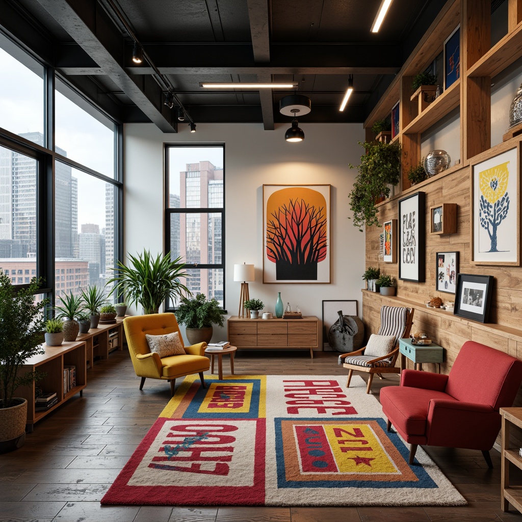 Prompt: Vibrant design studio, modern art supplies, eclectic furniture pieces, abstract artwork, colorful rugs, bold typography, natural wood accents, industrial metal fixtures, urban cityscape views, cloudy day, soft warm lighting, shallow depth of field, 3/4 composition, panoramic view, realistic textures, ambient occlusion.