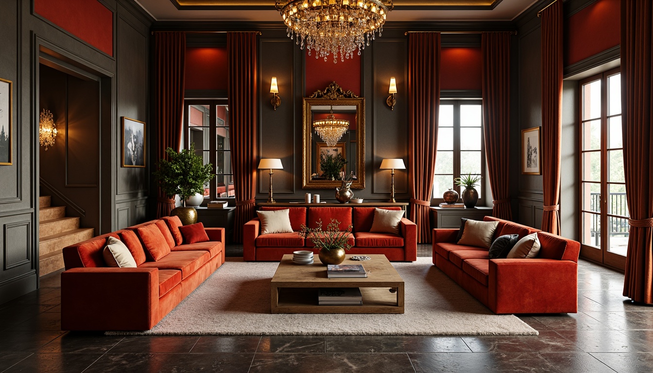 Prompt: Vibrant living room, bold accent walls, rich wood furniture, plush velvet sofas, metallic gold decor, luxurious marble floors, soft warm lighting, cozy atmosphere, eclectic art pieces, dramatic drapery, jewel-toned vases, ornate mirrors, lavish textures, moody color scheme, 1/2 composition, shallow depth of field, realistic reflections.