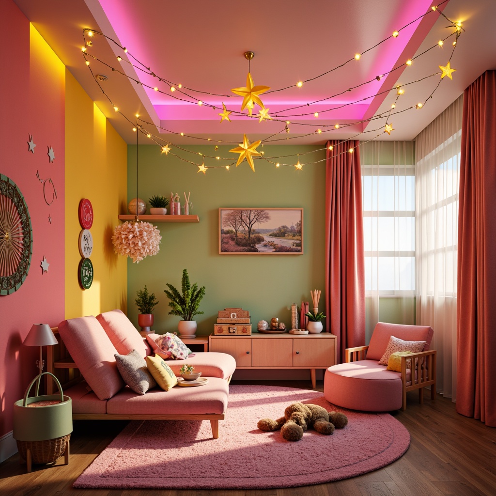 Prompt: Vibrant kids' room, colorful walls, playful furniture, whimsical decorations, string lights, lanterns, neon signs, LED strip lighting, funky lampshades, glowing ceiling, starry night sky effect, bright coral pink accents, sunny yellow highlights, soft pastel hues, cozy reading nook, floor-to-ceiling curtains, sheer fabrics, layered lighting, warm ambient glow, 1/2 composition, shallow depth of field, realistic textures, ambient occlusion.