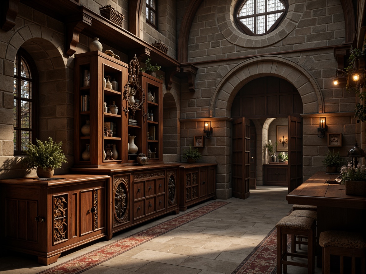 Prompt: Dark wood cabinetry, ornate carvings, Gothic arches, vaulted ceilings, stone walls, medieval-inspired design, rich walnut tones, intricate door hinges, antique bronze hardware, mystical ambiance, soft warm lighting, dramatic shadows, 1/1 composition, realistic textures, ambient occlusion.