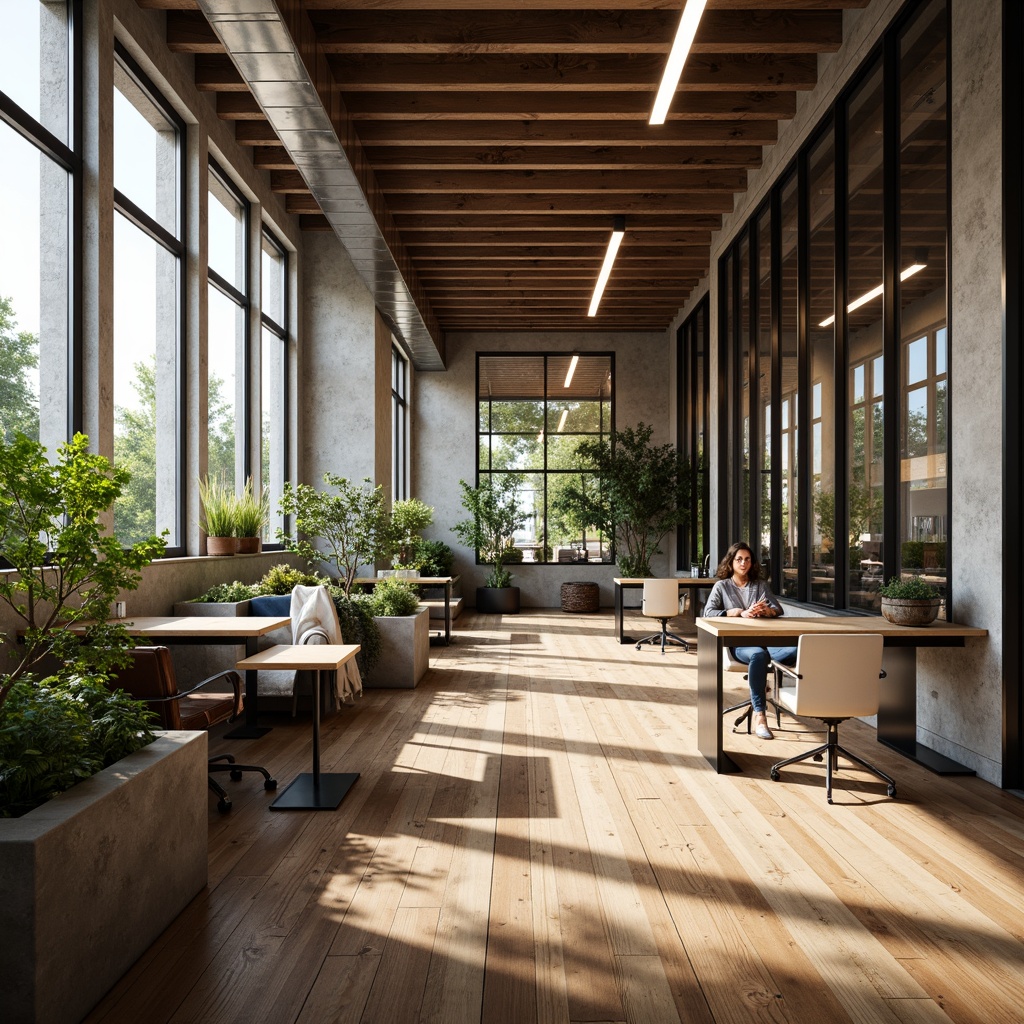 Prompt: Contemporary office space, exposed concrete walls, polished wooden floors, industrial chic aesthetic, metallic accents, sleek minimalist desks, ergonomic chairs, greenery-filled planters, natural stone feature walls, textured glass partitions, reclaimed wood ceiling panels, warm cozy lighting, shallow depth of field, 3/4 composition, realistic reflections, ambient occlusion.