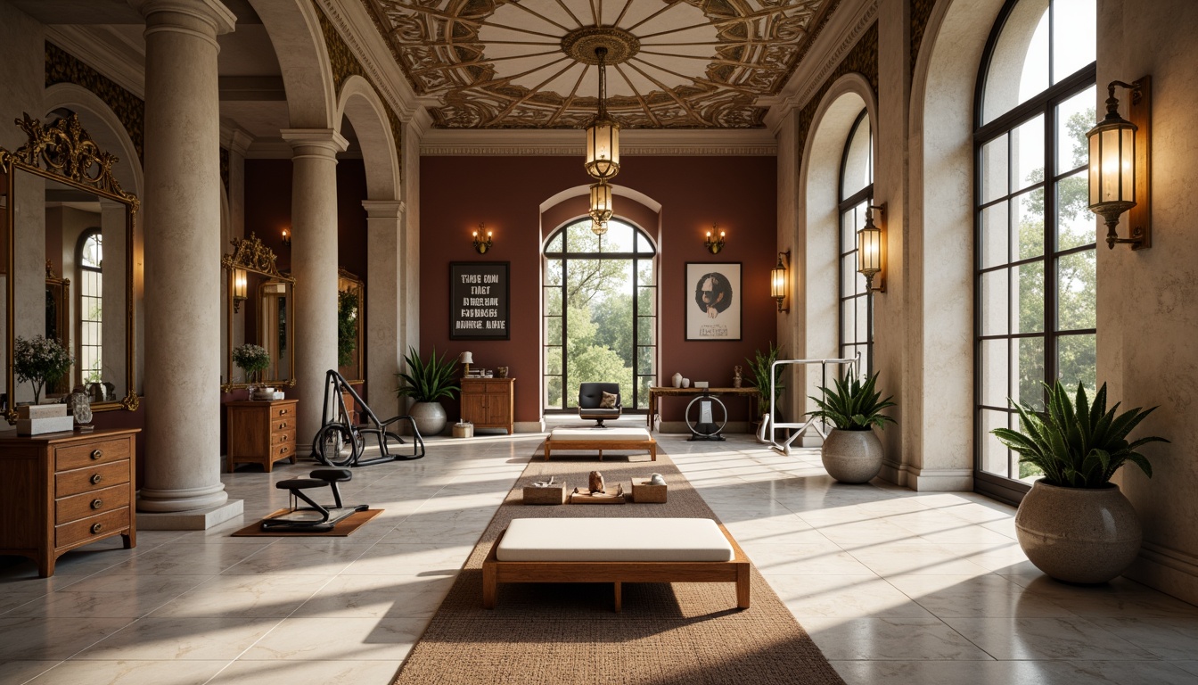 Prompt: Elegant home gym, neoclassical columns, ornate mirrors, marble flooring, rich wood accents, sophisticated lighting fixtures, minimalist equipment, free weights, exercise machines, motivational quotes, serene atmosphere, natural stone walls, grand archways, tall ceilings, large windows, soft warm lighting, shallow depth of field, 3/4 composition, symmetrical layout, realistic textures, ambient occlusion.