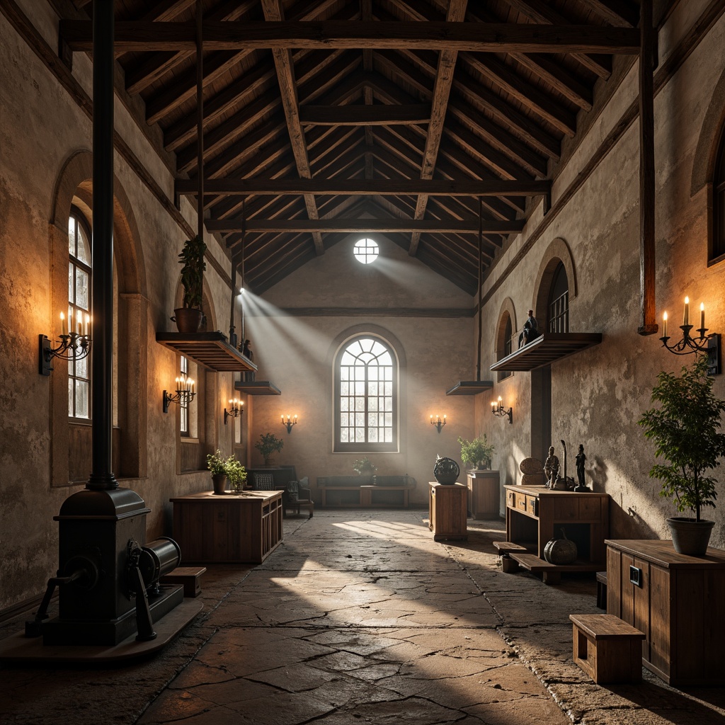 Prompt: Rustic monastery interior, exposed wooden beams, industrial metal pipes, distressed stone walls, candlelit ambiance, arched windows, vintage machinery, reclaimed wood furniture, earthy tone color palette, natural textures, dramatic lighting, high ceilings, open spaces, minimalist decor, spiritual atmosphere, misty morning light, soft focus, 1/1 composition, symmetrical framing.