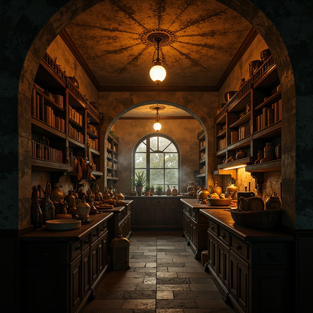 Prompt: Dimly lit pantry, warm golden lighting, ornate metal lanterns, mystical candlelight, rich wood tones, intricate stone carvings, grandiose archways, mysterious shadows, atmospheric fog, dramatic ceiling height, narrow walkways, ornamental railings, distressed textures, vintage kitchenware, ancient cookbooks, mystical artifacts, eerie silence, soft focus, 1/2 composition, cinematic lighting, high contrast ratio.