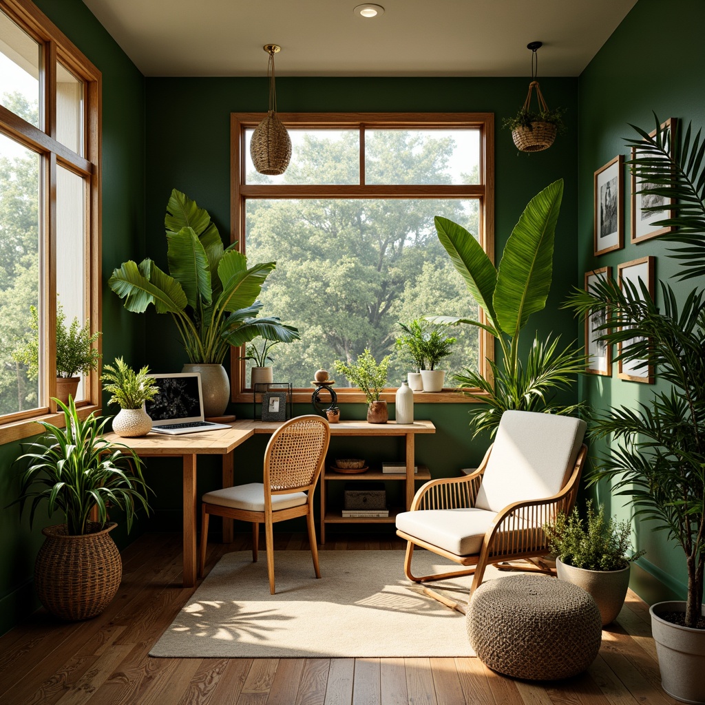 Prompt: Vibrant tropical home office, lush greenery, exotic plants, rattan furniture, natural wood accents, woven textiles, warm beige colors, soft diffused lighting, 1/1 composition, intimate atmosphere, realistic leaf textures, subtle ambient occlusion.