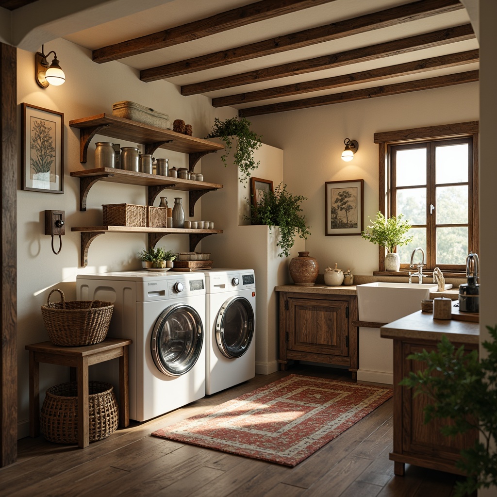 Prompt: Rustic laundry room, traditional interior, wooden floorboards, distressed finishes, vintage washing machines, ornate metal decorations, soft warm lighting, natural stone accents, woven wicker baskets, floral patterned textiles, creamy white walls, earthy tone ceramics, antique furniture pieces, decorative molding details, shallow depth of field, 1/1 composition, realistic textures, ambient occlusion.