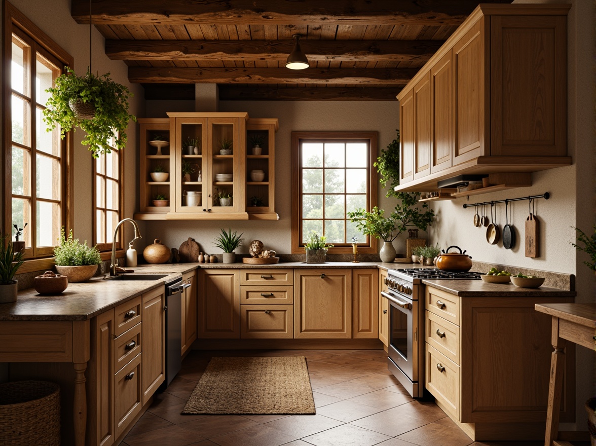 Prompt: Rustic kitchen, warm beige cabinets, ornate wooden furniture, vintage-style appliances, brass hardware, natural stone countertops, earthy color palette, classic architectural details, soft warm lighting, shallow depth of field, 1/1 composition, realistic textures, ambient occlusion.