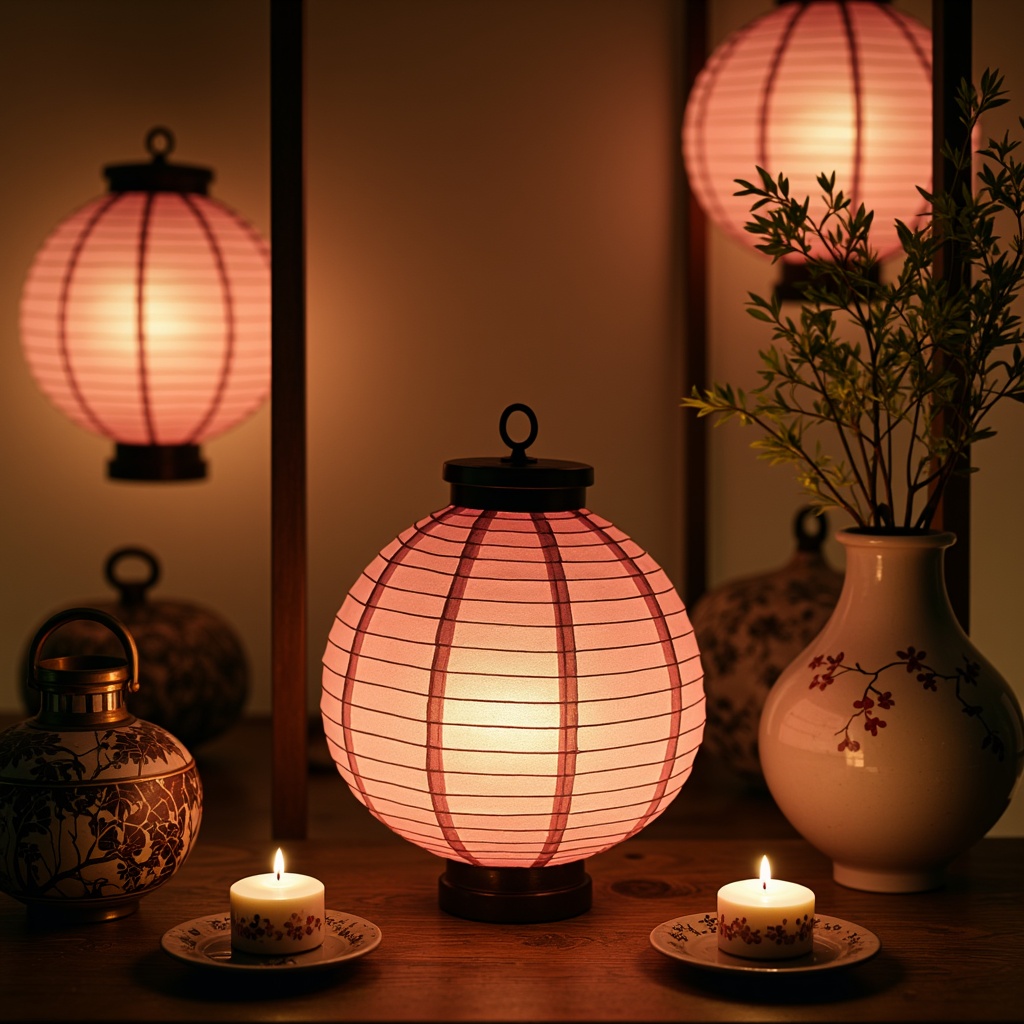 Prompt: Traditional Japanese lanterns, paper lanterns in soft pink hues, warm candlelight, delicate metalwork, intricately designed wooden fixtures, hand-painted ceramic accents, natural linen shades, subtle uplighting, gentle ambient glow, cozy atmosphere, intimate spaces, minimalist decor, serene ambiance, cherry blossom-inspired patterns, natural materials, earthy tones, subtle color palette, 1/1 composition, soft focus, warm lighting ratio.