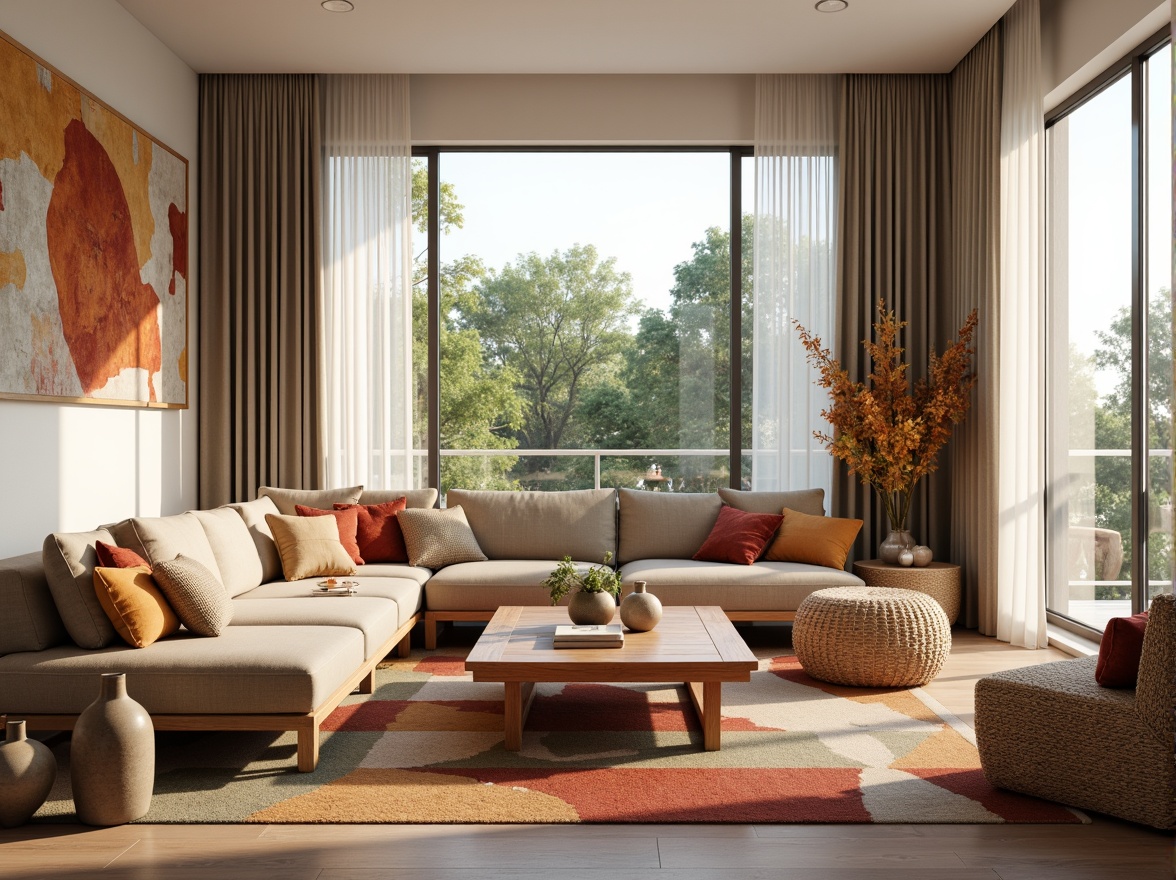 Prompt: Cozy living room, plush throw pillows, soft velvet sofa, warm beige carpet, natural wood coffee table, modern minimalist decor, floor-to-ceiling windows, bright morning light, subtle sheer curtains, tactile woven baskets, earthy tone ceramic vases, abstract geometric patterns, vibrant colorful rugs, inviting ambiance, 1/1 composition, shallow depth of field, realistic textures.