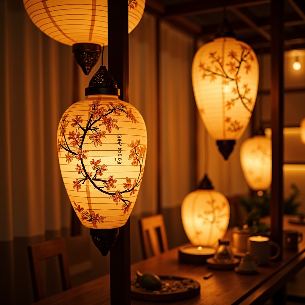 Prompt: Oriental lanterns, warm soft lighting, paper lanterns, delicate cherry blossom patterns, intricately carved wooden fixtures, traditional Japanese washi paper shades, minimalist metal designs, subtle rice paper textures, natural fiber woven shades, earthy terracotta tones, subtle golden accents, serene ambiance, cozy atmospheric lighting, layered curtain effects, shallow depth of field, 1/2 composition, warm color temperatures.