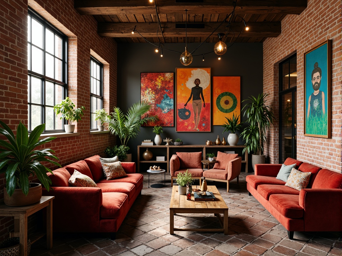 Prompt: Richly textured walls, eclectic bohemian decor, plush velvet sofas, reclaimed wood accents, industrial metal beams, exposed brick surfaces, warm golden lighting, cozy intimate atmosphere, statement art pieces, bold colorful patterns, Moroccan-inspired tiles, distressed finishes, urban loft vibe, natural stone flooring, oversized windows, dramatic drapery, 1/1 composition, high-contrast imagery, realistic renderings.