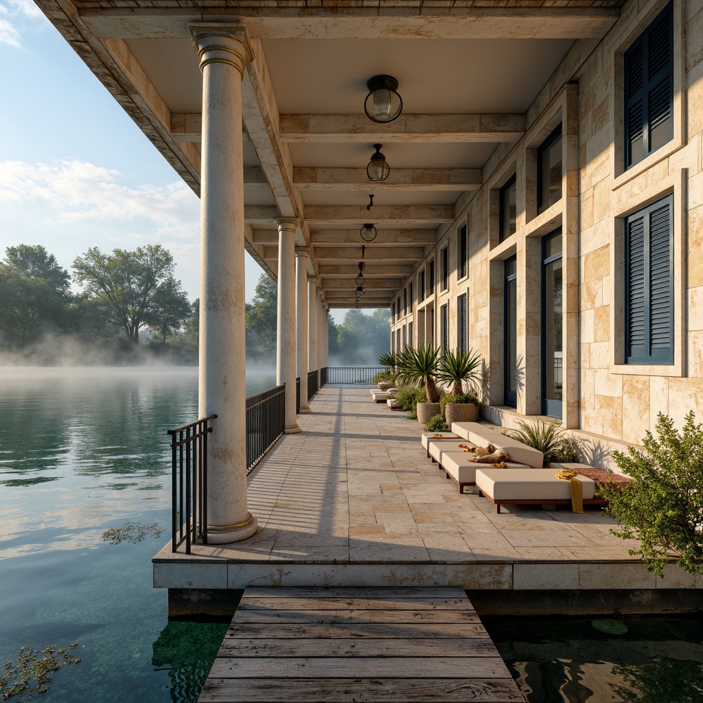 Prompt: Weathered wooden dock, soft misty morning, serene lake views, elegant neoclassical boathouse, white marble columns, ornate metal railings, warm beige stone walls, navy blue shutters, cream-colored windows, rustic nautical accents, distressed wood textures, rich turquoise water, subtle golden lighting, shallow depth of field, 1/1 composition, symmetrical framing, realistic reflections, ambient occlusion.