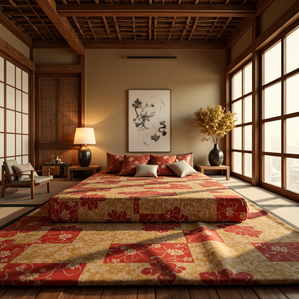 Prompt: Vibrant silk fabrics, intricate kanji patterns, delicate cherry blossom motifs, natural bamboo textures, subtle rice paper backgrounds, warm wooden accents, minimalist tatami mats, serene shoji screens, traditional Japanese sliding doors, elegant Chinese lacquerware, ornate Korean mother-of-pearl inlays, luxurious Thai silk upholstery, soft Mongolian lamb wool, rich Indonesian batik prints, subtle Indian block-printed cotton, peaceful Buddha statues, calming incense aromas, warm golden lighting, shallow depth of field, 1/1 composition, realistic textures, ambient occlusion.