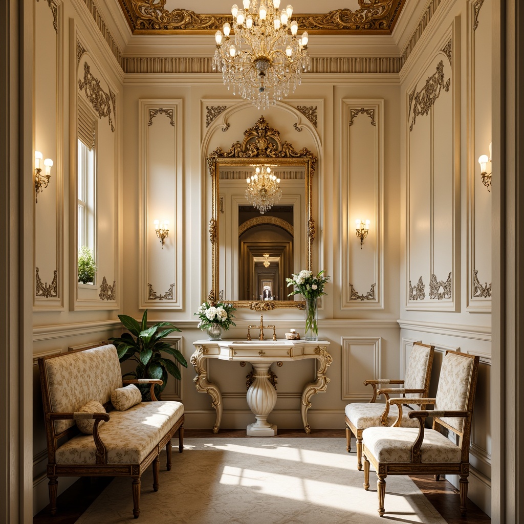 Prompt: Luxurious powder room, ornate Baroque architecture, intricately carved wall paneling, gilded molding, soft cream hues, delicate floral patterns, lavish velvet fabrics, antique furnishings, crystal chandeliers, warm candlelight, shallow depth of field, 1/2 composition, realistic textures, ambient occlusion.