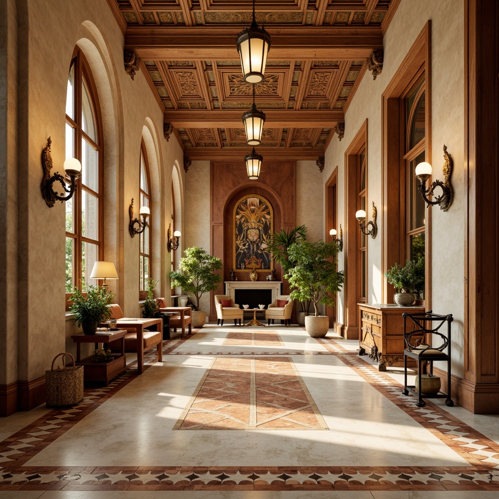 Prompt: Luxurious Renaissance-style hall, intricately patterned marble flooring, warm beige limestone, richly veined travertine, polished wooden parquet, ornate hand-inlaid borders, classic herringbone design, elegant cream-colored ceramic tiles, rustic terracotta accents, soft golden lighting, dramatic ceiling heights, lavish furnishings, ornate mirrors, refined architectural details.