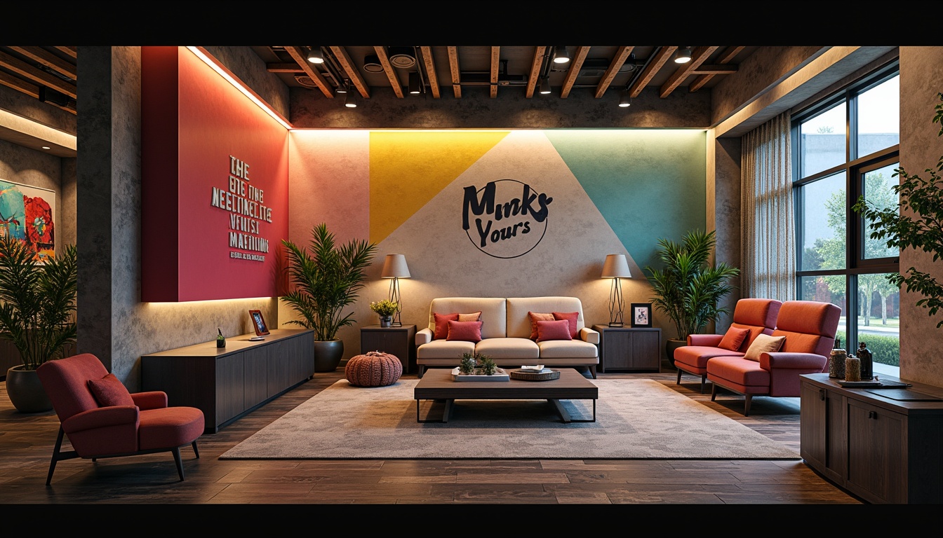 Prompt: Vibrant design concept, bold typography, contrasting colors, harmonious palette, bright accent walls, pastel hues, metallic accents, rich textures, natural materials, earthy tones, moody lighting, cinematic atmosphere, 2.5D composition, dramatic shadows, high-contrast ratio, realistic renderings, subtle color gradients.