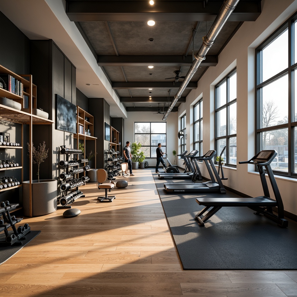 Prompt: Modern home gym, sleek metal equipment, mirrored walls, polished wood floors, adjustable dumbbells, folding benches, compact treadmills, wall-mounted storage racks, modular shelving units, durable rubber flooring, natural light, soft warm lighting, 1/1 composition, shallow depth of field, realistic textures, ambient occlusion.