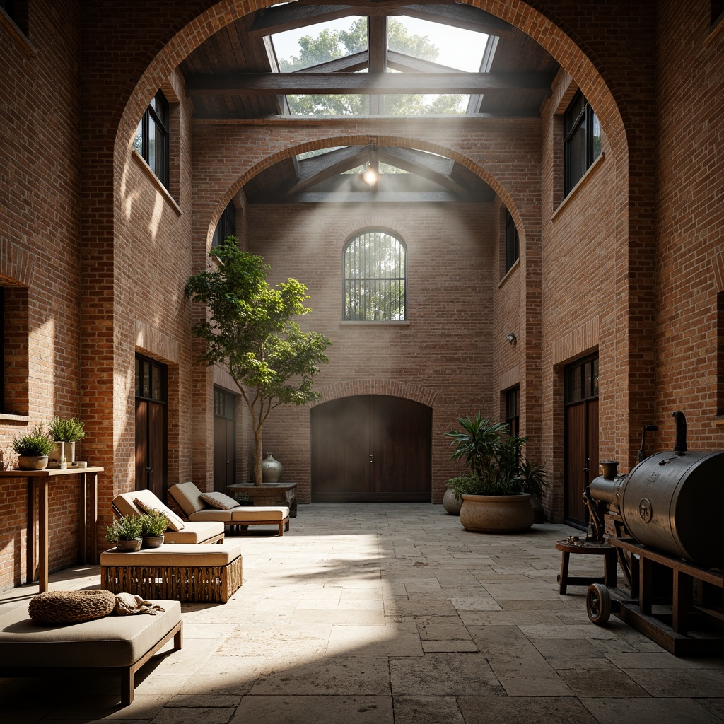 Prompt: Rustic monastery courtyard, exposed brick walls, industrial metal beams, reclaimed wood accents, vintage machinery, distressed stone flooring, arched windows, clerestory lighting, minimalist decor, natural textiles, earthy color palette, soft warm ambiance, shallow depth of field, 2/3 composition, realistic textures, ambient occlusion, atmospheric mist, subtle warm glow.