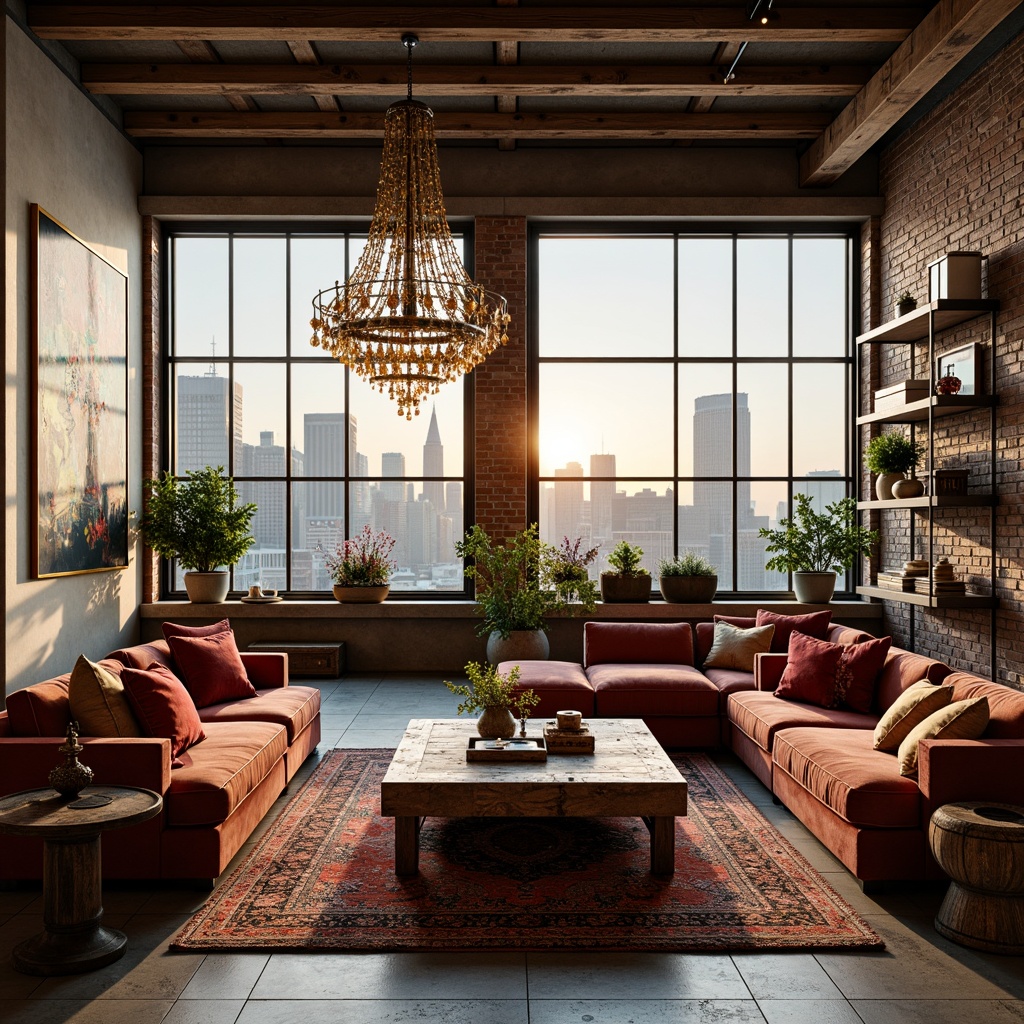 Prompt: Eclectic penthouse, luxurious velvet sofas, distressed wood coffee tables, vintage Moroccan rugs, antique bronze chandeliers, plush sectional couches, abstract artwork, eclectic decorative accents, industrial metal shelving units, reclaimed wood walls, exposed brick ceilings, natural stone floors, floor-to-ceiling windows, breathtaking city views, warm golden lighting, shallow depth of field, 1/2 composition, cinematic mood, high-contrast textures.