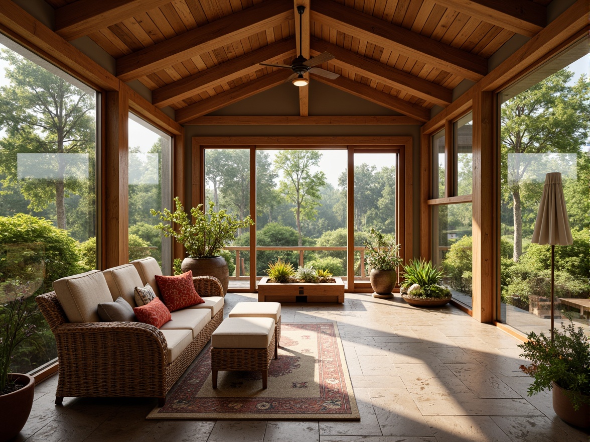 Prompt: Cozy sunroom, warm wood accents, craftsman style decor, natural stone flooring, earthy color palette, wooden beam ceilings, large windows, sliding glass doors, lush greenery views, comfortable wicker furniture, plush throw pillows, soft warm lighting, shallow depth of field, 3/4 composition, panoramic view, realistic textures, ambient occlusion.