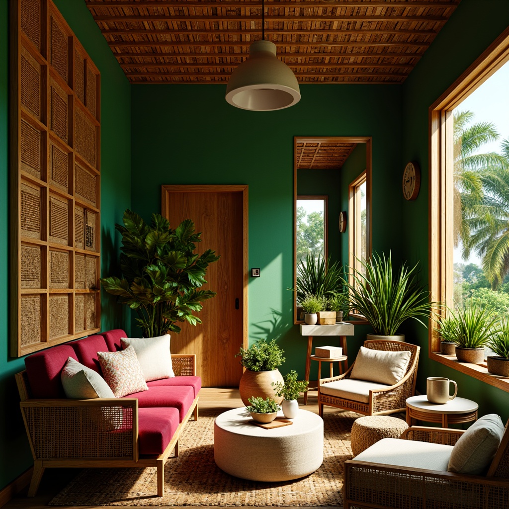 Prompt: Vibrant tropical colors, lush green walls, exotic wood accents, woven rattan furniture, plush velvet sofas, ornate wooden ceiling panels, intricate carvings, natural textiles, bamboo flooring, ambient warm lighting, soft diffused shadows, 3/4 composition, cinematic wide-angle lens, realistic reflections, detailed acoustic panels, sound-absorbing materials, ergonomic seating, intimate cozy atmosphere, retro-futuristic decor, eclectic vintage accessories.