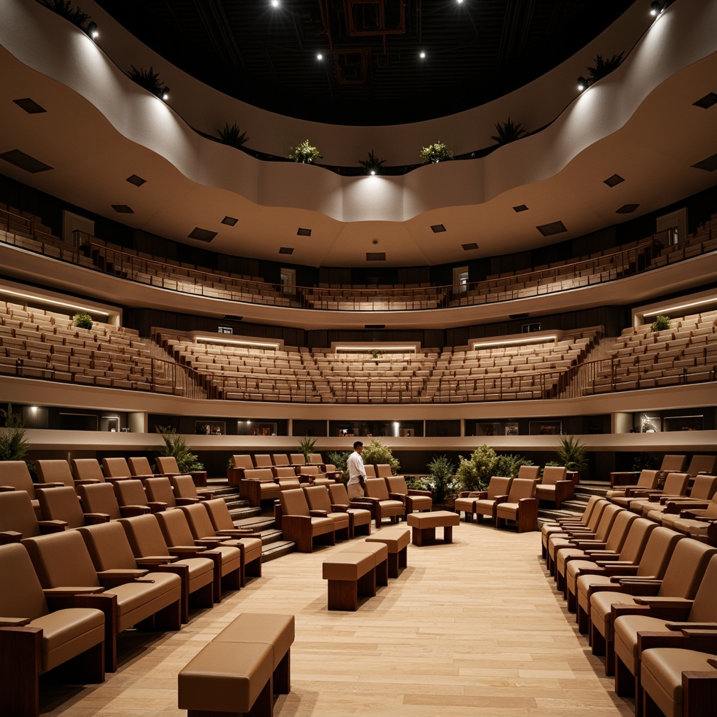 Prompt: Curved rows of seats, sleek modern chairs, polished wooden floors, minimalist decor, spacious aisles, ample legroom, optimized seating capacity, tiered platform, cantilevered balconies, dramatic ceiling heights, indirect soft lighting, warm ambient glow, 1/2 composition, medium shot, blurred background, realistic reflections, subtle texture details.