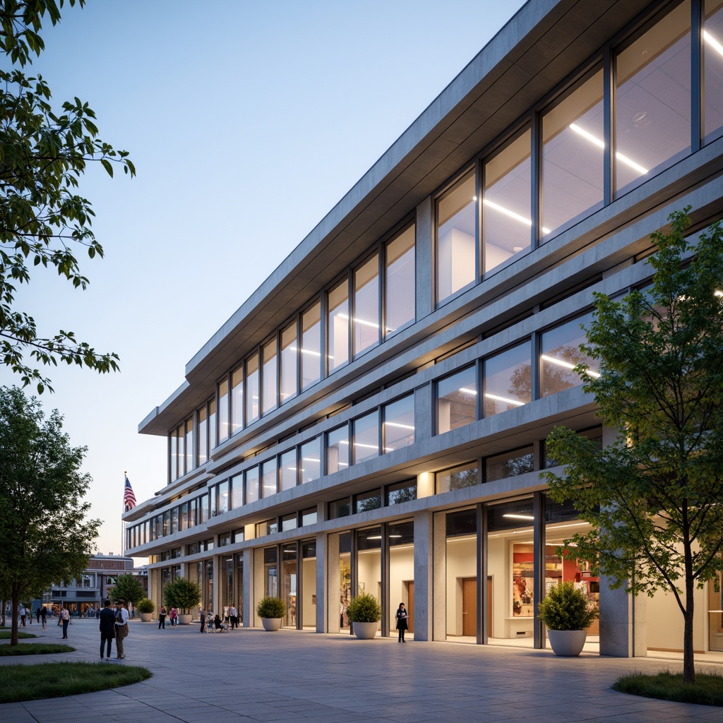 Prompt: Courthouse exterior, simple clean lines, minimal ornamentation, neutral color palette, large glass windows, modern steel frames, columnar structures, open atriums, natural stone flooring, subtle LED lighting, calm atmosphere, shallow depth of field, 1/1 composition, realistic textures, ambient occlusion, judicial symbols, American flag, mature trees, sunny day.